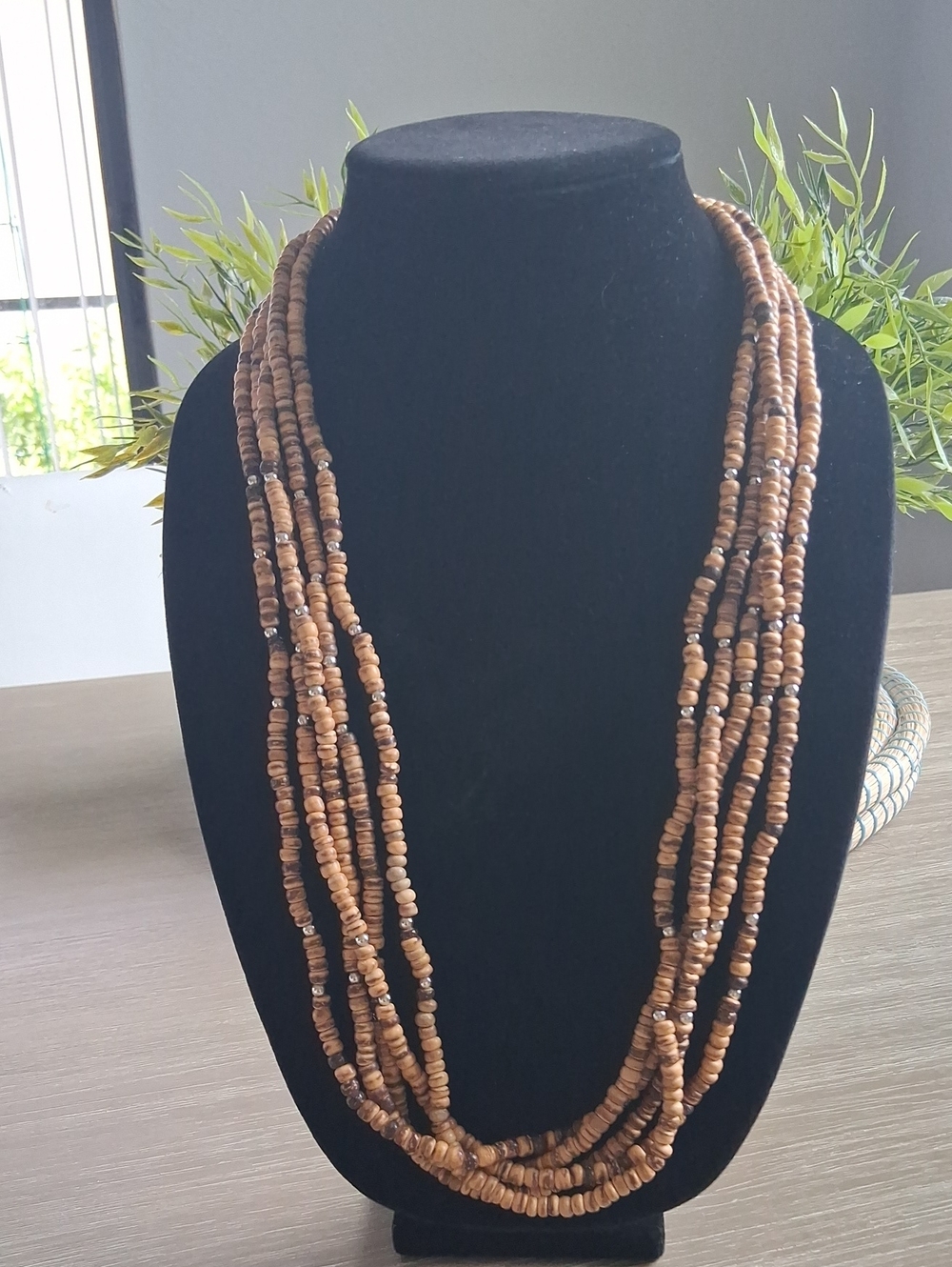 Vintage Multi-Strand Wooden Bead Necklace Earth-Tone Shades Silver Accents